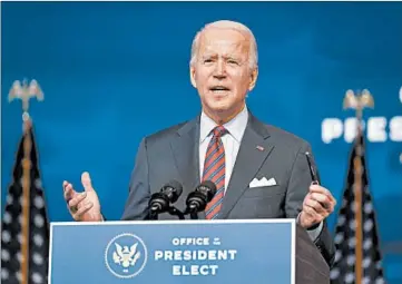  ?? ANDREW HARNIK/AP ?? President-elect Joe Biden called on Congress on Friday to quickly approve a $908 billion aid package.