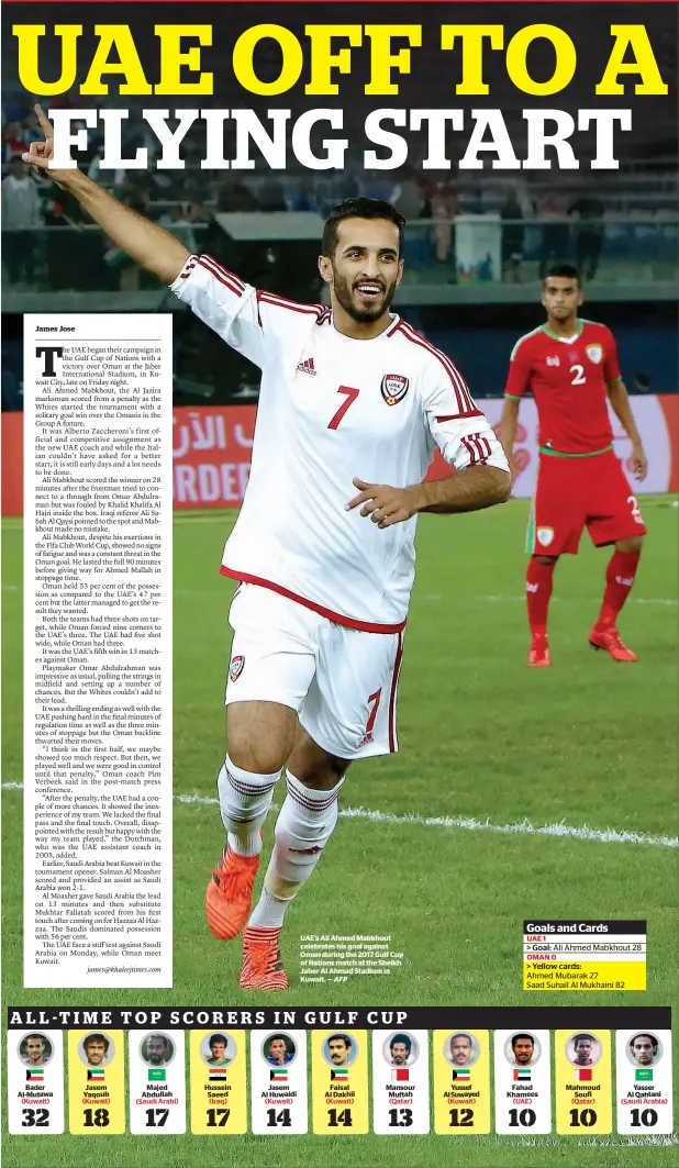  ?? AFP ?? UAE’s Ali Ahmed Mabkhout celebrates his goal against Oman during the 2017 Gulf Cup of Nations match at the Sheikh Jaber Al Ahmad Stadium in Kuwait. —