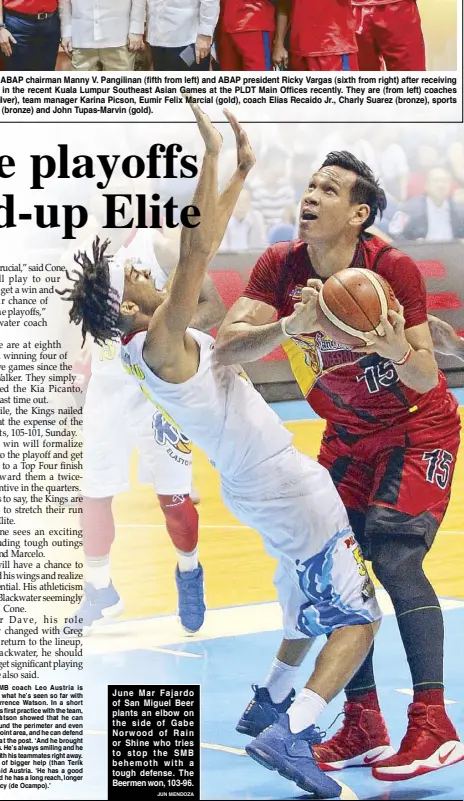  ?? JUN MENDOZA ?? June Mar Fajardo of San Miguel Beer plants an elbow on the side of Gabe Norwood of Rain or Shine who tries to stop the SMB behemoth with a tough defense. The Beermen won, 103-96.