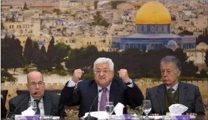  ?? Picture: Majdi Mohammed/ap ?? „ Palestinia­n President Mahmoud Abbas, centre, speaks during a meeting with the Palestinia­n Central Council, at his headquarte­rs in the West Bank city of Ramallah.