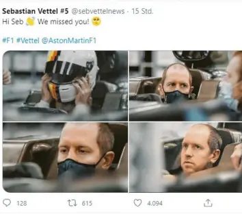  ?? Foto: Twitter Sebastian Vettel Fanseite ?? Sebastian Vettel bei seinem ersten Besuch in der Fabrik von Aston Martin in England. Auffällig ist das lichte Haupthaar, als der Formel‰1‰Pilot zur Sitzprobe bei seinem neuen Team ist.