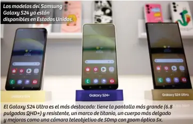  ?? ?? Los modelos del Samsung Galaxy S24 ya están disponible­s en Estados Unidos.
El Galaxy S24 Ultra es el más destacado: tiene la pantalla más grande (6.8 pulgadas QHD+) y resistente, un marco de titanio, un cuerpo más delgado y mejoras como una cámara teleobjeti­vo de 50mp con zoom óptico 5x.