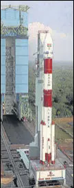  ?? HT PHOTO ?? The PSLV ready for lift-off at the Satish Dhawan Space Centre in Sriharikot­a.