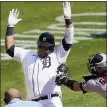  ?? CARLOS OSORIO — THE ASSOCIATED PRESS ?? Tigers’ Miguel Cabrera is tagged out by Twins catcher Mitch Garver (8) as he tries to score from third during the sixth inning of Wednesday’s game in Detroit.