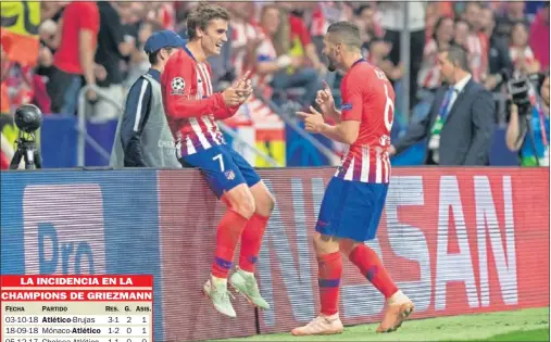  ??  ?? AUTOR Y ASISTENTE. Koke felicita a Griezmann, quien le asistió para que hiciera el 3-0 al Brujas.