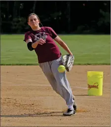  ?? BILL JOHNSON — BOSTON HERALD ?? Sharlotte Stazinski fires a pitch as the Walpole softball team practices Tuesday. Walpole is 17-1 and a state championsh­ip contender.