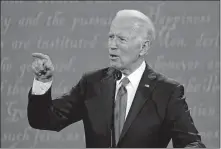  ?? CORTEZ/ THE ASSOCIATED PRESS] ?? Democratic presidenti­al candidate former Vice President Joe Biden speaks during the second and final presidenti­al debate with President Trump on Thursday at Belmont University in Nashville, Tenn. [JULIO