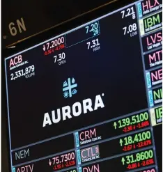  ?? MICHAEL NAGLE/BLOOMBERG ?? Aurora Cannabis Inc. appears on the monitor on the floor of the New York Stock Exchange on Friday. The company will be the first of four marijuana companies to report earnings next week.