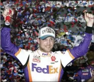  ?? JOHN RAOUX — THE ASSOCIATED PRESS ?? Denny Hamlin celebrates in Victory Lane after winning the NASCAR Daytona 500 auto race at Daytona Internatio­nal Speedway, Monday, Feb. 17, 2020, in Daytona Beach, Fla.