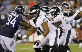  ?? MICHAEL PEREZ — THE ASSOCIATED PRESS FILE ?? Philadelph­ia Eagles’ rookie Andre Dillard (77), seen in a preseason game against the Tennessee Titans last week, has gotten into scuffles in back-to-back practices.