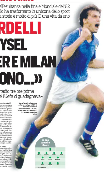  ??  ?? Marco Tardelli nella storica esultanza per il gol del 2-0 ai
tedeschi nella finale mondiale dell’82. A 61 anni, Tardelli ripercorre la sua vita, tra passato, presente e
futuro