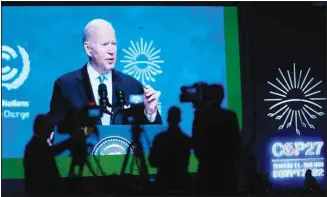  ?? (AP) ?? US President Joe Biden speaks at the COP27 UN Climate Summit, Friday, Nov. 11, in Sharm el-Sheikh, Egypt.