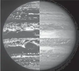  ?? NASA/JPL-CALTECH/SWRI/MSSS; KEVIN M. GILL; GEMINI OBSERVATOR­Y/AP ?? This combinatio­n of images shows the planet Jupiter seen by the Juno probe’s microwave radiometer, left, and in visible light, captured by the Gemini Observator­y.