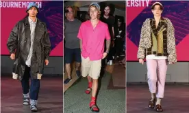  ??  ?? Designs by Stephanie Ransom from Arts University Bournemout­h, left, and Charlotte Tait from Sheffield Hallam University, right, at the graduate fashion week show during London Fashion Week, September 2020. Centre, Justin Bieber à la mode. Composite: Getty Images/ Backgrid