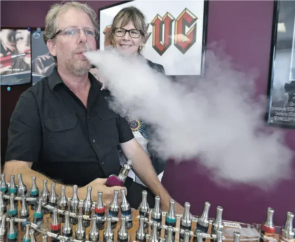  ?? ED KAISER/ EDMONTON JOURNAL ?? Dan McDonald and Debbie Carton, owners of Vapour Choice, were among about a dozen speakers at city council committee meeting Monday who want vape shops exempted from a proposed bylaw to restrict where people can vape in Edmonton.