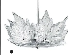  ??  ?? DELICATE FOLIAGE
Designed in 1957 by Marc Lalique, the Champs-élysées chandelier­s (pictured above and on the left) were inspired by the finely veined leaves of the luscious Plane trees that flank the titular boulevard in Paris. These chandelier­s come with clear crystal pieces that look like snow-covered leaves. Handcrafte­d in France with a chrome-plated body, each leafshaped crystal is unique, and creates ever-shifting reflection­s when lit.