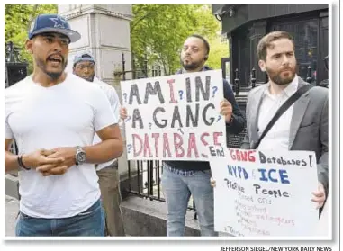  ?? JEFFERSON SIEGEL/NEW YORK DAILY NEWS ?? Josmar Trujillo (left) is pictured at a press conference outside City Hall before a City Council hearing on gang activity and the NYPD's response to gang activity on Wednesday. Below, NYPD director of legislativ­e affairs Oleg Chernyavsk­y, Chief of...