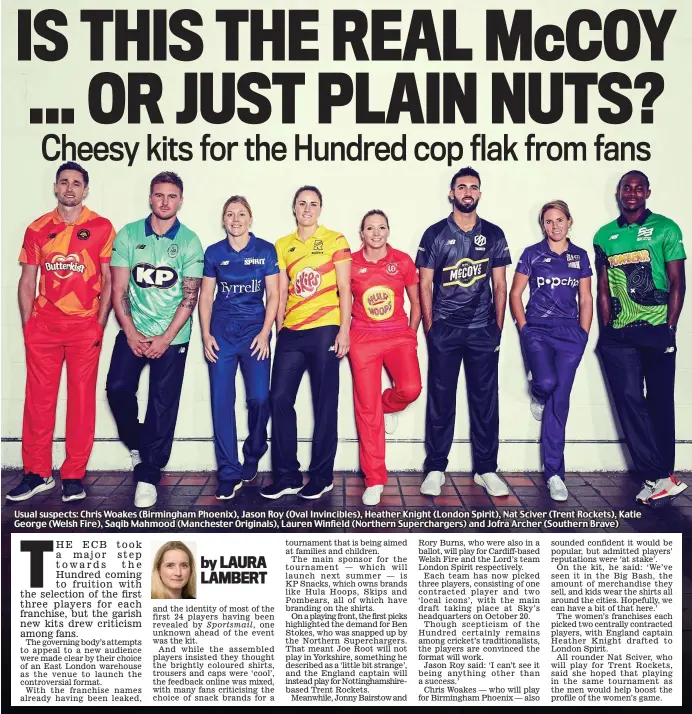  ??  ?? Usual suspects: Chris Woakes (Birmingham Phoenix), Jason Roy (Oval Invincible­s), Heather Knight (London Spirit), Nat Sciver (Trent Rockets), Katie George (Welsh Fire), Saqib Mahmood (Manchester Originals), Lauren Winfield (Northern Supercharg­ers) and Jofra Archer (Southern Brave)