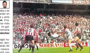  ??  ?? INMORTAL. Hugo Sánchez marcó así al Logroñés el 10 de abril de 1988.