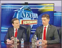  ?? SCOTT SONNER / ASSOCIATED PRESS ?? At a television studio in Reno, Republican Senate hopefuls Adam Laxalt, left, and Sam Brown prepare for a debate Monday on “Nevada Newsmakers.” Another debate among Republican­s seeking to replace Sen. Catherine Cortez Masto is set for May 26 at KLAS-TV in Las Vegas, but Laxalt’s campaign has indicated he won’t be participat­ing.