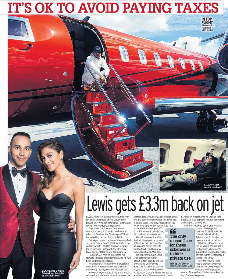  ??  ?? GLAM Lewis & Nicole Scherzinge­r travelled on the jet in 2014 IN TOP FLIGHT F1 champion Hamilton with his jet LUXURY Star reclines on board