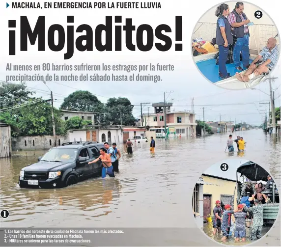  ??  ?? 1. Los barrios del noroeste de la ciudad de Machala fueron los más afectados. 2.- Unas 18 familias fueron evacuadas en Machala.
3.- Militares se unieron para las tareas de evacuacion­es.