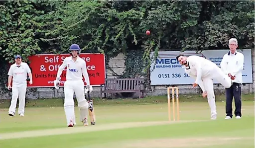  ??  ?? ● Widnes captain Tom Evans bowling during the final game of the season against Oxton at the weekend