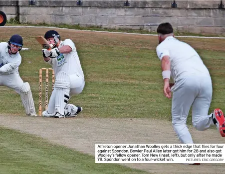  ?? PICTURES: ERIC GREGORY ?? Alfreton opener Jonathan Woolley gets a thick edge that flies for four against Spondon. Bowler Paul Allen later got him for 28 and also got Woolley’s fellow opener, Tom New (inset, left), but only after he made 78. Spondon went on to a four-wicket win.