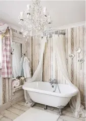  ??  ?? Bathroom This design oozes glamour and opulence, making it perfect for long, leisurely pampering. Clarke & Clarke peeling planks wallpaper, £39.91 per roll, Jane Clayton. Distressed oak vinyl flooring, price on request, rhinofloor