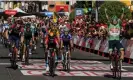  ?? Photograph: Manu Fernández/AP ?? Mads Pedersen crosses the finish line for his third stage win at this year’s Vuelta.