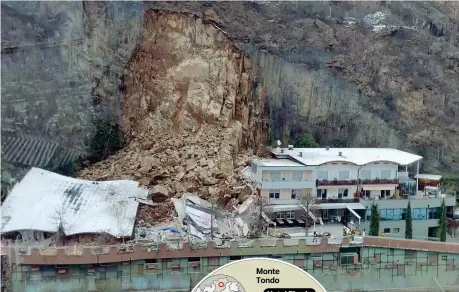  ??  ?? Dall’alto
Le conseguenz­e della frana che ha danneggiat­o gran parte dell’Hotel Eberle sulla collina di Santa Maddalena, a Bolzano. La struttura non ospitava clienti per le norme anti-Covid