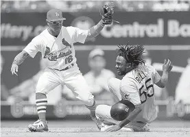  ?? AP Photo/Jeff Roberson ?? Pittsburgh Pirates’ Josh Bell (55) slides after being tagged out by St. Louis Cardinals second baseman Kolten Wong during the sixth inning of a baseball game Wednesday in St. Louis.