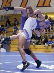  ?? File photo ?? Valencia’s Nick Lopez throws Nordhoff’s Nate Rhoades to the ground during the Tri-Valley League Championsh­ip in wrestling at Valencia High School on Wednesday, Feb. 7, 2018.