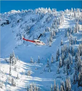  ?? Margo Pfeiff ?? A HELICOPTER shuttles skiers to the pristine powder near the top of the run in British Columbia’s Cariboo Mountains. There is a learning curve involved.