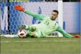  ?? EFREM LUKATSKY — THE ASSOCIATED PRESS ?? Croatia goalkeeper Danijel Subasic saves the decisive penalty during a shootout after extra time during the round of 16 match between Croatia and Denmark at the 2018 soccer World Cup in the Nizhny Novgorod Stadium, in Nizhny Novgorod , Russia, Sunday.