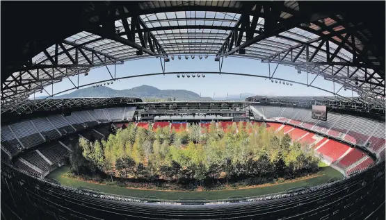  ?? [ Reuters] ?? „For Forest“, 299 Bäume im Stadion Wörthersee: Ein Symbolbild für gleich mehrere Paradoxien in aktivistis­cher Kunst- und Klimapolit­ik.