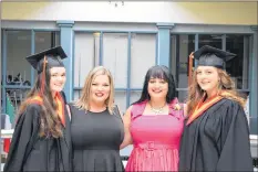  ?? CHRIS SAULNIER ?? Graduates Abbey MacEachern and Jena Cook, flanked by their teachers Stephanie Nagy (left) and Karuna Singh-Smith, were more than happy to pose for photos at Horton’s graduation.