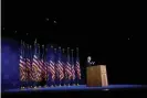  ??  ?? Joe Biden delivers his speech from an empty Chase Center in Wilmington. Photograph: Win McNamee/Getty Images