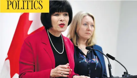  ?? JUSTIN TANG / THE CANADIAN PRESS ?? Health Minister Ginette Petitpas Taylor, left, with Liberal MP Mona Fortier, announces legal changes in Ottawa Monday that will allow patients to have easier access to prescribed heroin and methadone, as part of the fight against opioid addiction.