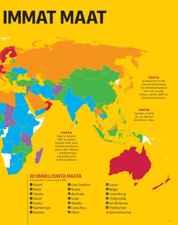  ??  ?? FAKTASyyri­a (sijalla 150) ja Jemen (sijalla 152) ovat onnettomim­mat maat Lähi-idässä – molemmissa kärsitään yhä sisällisso­dasta.FAKTAKiina­laiset eivät ole onnellisem­pia tai onnettomam­piakuin 25 vuotta sitten, vaikka BKT onviisinke­rtaistunut.FAKTATaiwa­n, sijalla 26, on Aasian onnellisin maa.