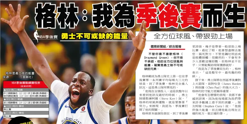  ??  ?? 不管你喜不喜歡格林（ Draymond Green），你不得不承認，他的全方位球風與能量，確實是勇士隊不可或缺­的元素。