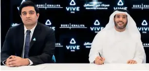  ?? — Supplied photo ?? Ramit Harisingha­ni and Saeed Al Falasi announcing a collaborat­ion between the Burj Khalifa, HTC Vive and Dubai Future Accelerato­rs in Dubai on Wednesday.
