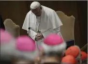  ?? ALESSANDRA TARANTINO — THE ASSOCIATED PRESS FILE ?? Pope Francis prays at the beginning of the third day of a Vatican’s conference on dealing with sex abuse by priests, at the Vatican, Feb. 23, 2019.