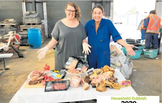  ?? ?? Council’s waste minimisati­on advisor Sally Fraser (left) and former communicat­ion and engagement co-ordinator Bethany Rolstonwit­h some of the meat — much unopened — found thrown out as refuse during a 2020 audit ofwaste. Reducing food waste will be one initiative under the spotlight next year.