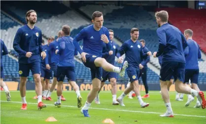  ??  ?? Andy Robertson trains with his Scotland teammates at Hampden. ‘My full focus was always coming up here,’ said the Liverpool defender. Photograph: Jeff Holmes/Rex/Shuttersto­ck