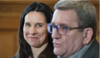  ?? PAUL CHIASSON/THE CANADIAN PRESS ?? Montreal Mayor Valérie Plante, with Quebec City counterpar­t Régis Labeaume, is already hindered by restraints at the provincial and federal levels of government, which failed to commit anything to her $6-billion subway plan.