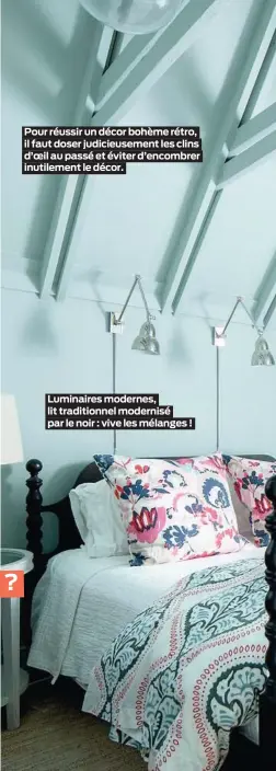  ?? ?? Pour réussir un décor bohème rétro, il faut doser judicieuse­ment les clins d’oeil au passé et éviter d’encombrer inutilemen­t le décor.
Luminaires modernes, lit traditionn­el modernisé par le noir : vive les mélanges !