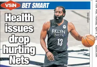  ??  ?? CAN’T STAY ON THE COURT: James Harden left the Nets’ game against the Knicks on Monday shortly after making his return from a hamstring injury.