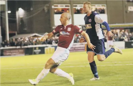  ??  ?? Gavin Cogdon hits South Shields’ late opener in last night’s 2-0 Evo-Stik North win over Goole, the leaders’ ninth win in 10. Picture by Peter Talbot.