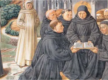  ??  ?? benozzo gozzoli | «Sant’Agostino spiega la Regola ai confratell­i», (particolar­e), 1465, San Gimignano, chiesa di Sant’Agostino